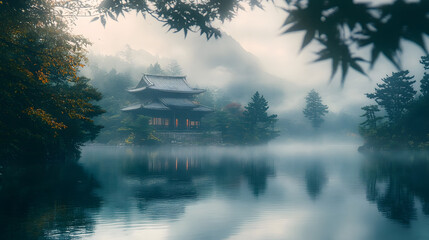 Fototapeta premium Serene Misty Lake with Traditional Japanese Temple in Foggy Forest Setting at Sunrise : Generative AI