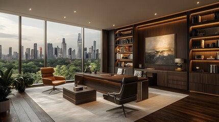 Modern Executive Office with Glass Walls and Dark Wood Accents