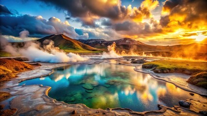 Breathtaking Portrait Photography of Iceland's Hot Springs in a Serene Landscape, Capturing the Natural Beauty and Unique Geothermal Features with Vibrant Colors and Stunning Details