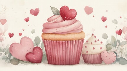 A whimsical illustration of pink cupcakes adorned with hearts and leaves, surrounded by floral elements, perfect for celebrations or sweet treats.