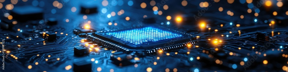 Poster a close-up view of a microchip on a circuit board with glowing lights.