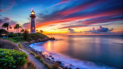 Fototapeta premium Captivating Long Exposure of a Lighthouse in Florida at Twilight, Illuminating the Shoreline with a Serene Reflection on Calm Waters