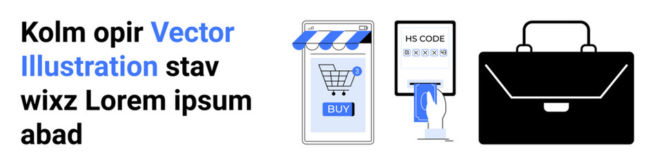 Shopping cart with buy button on mobile screen, QR code on tablet being scanned, professional briefcase. Ideal for e-commerce, technology, business presentations, marketing, online shopping