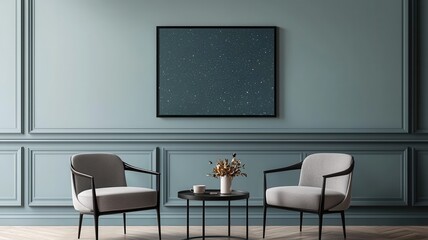 Modern interior design elegant living room setup with chairs and artwork cozy home environment aesthetic view