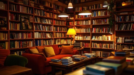 A cozy book cafe with shelves of books and comfortable reading nooks, Reading lamps and coffee tables set up for literary enjoyment, Natural photo of