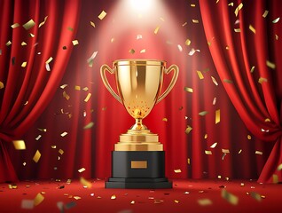Gold trophy on a stage with red curtains and confetti.
