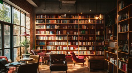 A cozy book cafe with shelves of books and comfortable reading nooks, Reading lamps and coffee tables set up for literary enjoyment, Natural photo of