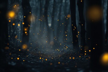 Magical fireflies illuminate a dark forest path at night.