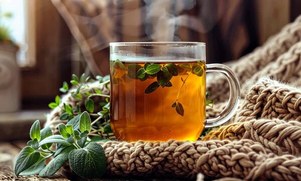 Steaming herbal tea in glass cup, cozy setting