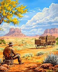 Obraz premium Gold Rush Era, Serene Watercolor Landscape Depicting Historical Prospectors in a Vast Desert Setting with Rocky Monuments and Golden Autumn Foliage