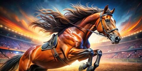 Close-Up Panoramic Photography of a Horse in Action During Equestrian Competition, Capturing the Intensity and Elegance of Riding Events and the Connection Between Horse and Rider