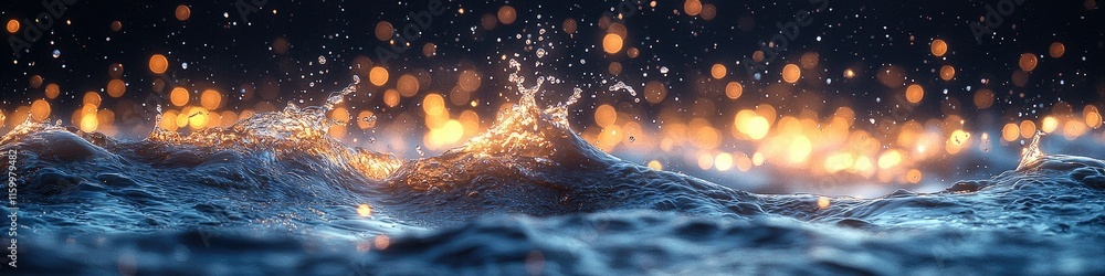Poster a close-up view of ocean waves with shimmering lights creating a captivating atmosphere.