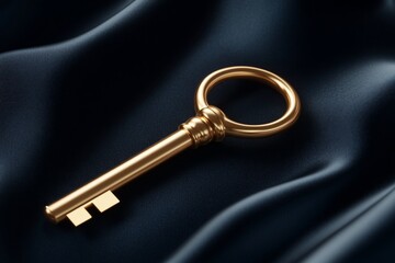 A golden key resting on a dark, silky surface.