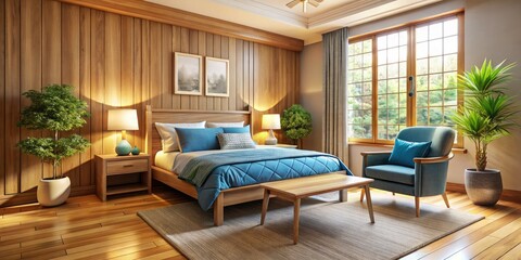 Fototapeta premium Cozy Bedroom with Wooden Headboard Bed and Blue Pillow, Featuring Stylish Armchair â€“ Perfect for Relaxation and Comfort in Interior Design
