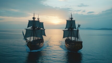 battle of 2 pirate ship on the sea 