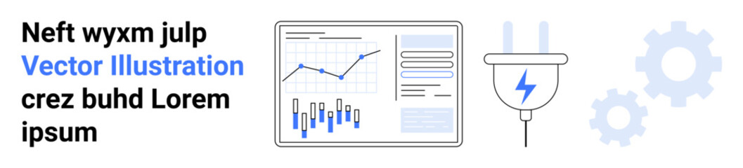 Data analytics with line and bar graphs, plug with lightning symbol, and gears highlight technology and energy themes. Ideal for business, tech, energy, innovation, analysis, connectivity