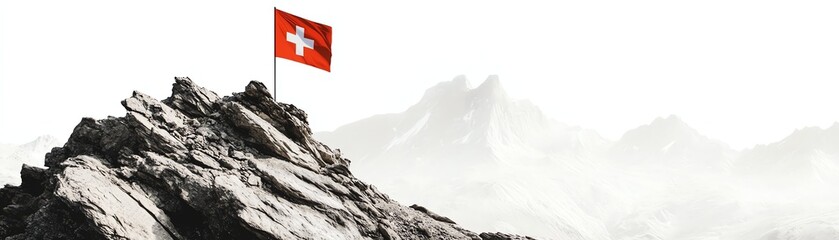 Mountain peak with Swiss flag, white isolated background.