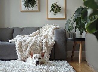 Sleek Scandinavian living room with a gray sofa adorned with a blanket, wooden table, and a serene dog resting beside a black coffee side table. Hanging 