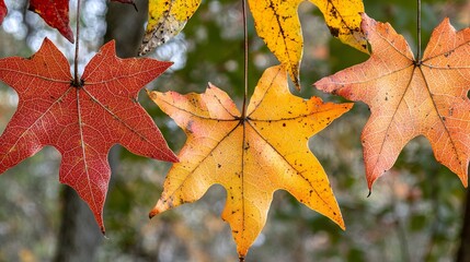 close-up of autumn leaves in shades of orange, red, and yellow, resting gently on a blurred background of soft greenery. Plenty of open space for adding text. 