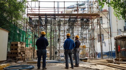 Fototapeta premium Electricians inspecting electrical installations in a construction site, scaffolding in the background,