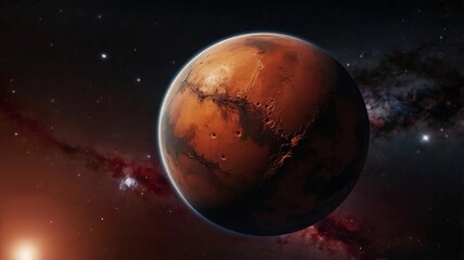 Obraz premium Amazing red planet Mars in deep stellar space. Journey to Mars Concept. Mars in the starry sky. Red planet in space