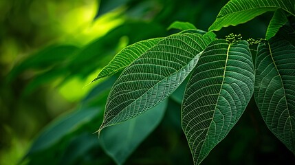 Obraz premium of lush green leaves with soft lighting highlighting their detailed texture and surface. The background is blurred, offering space for caption placement. 