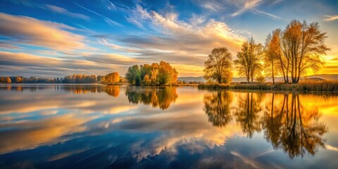 Serene Autumnal Sunset Reflected in Still Waters, Illuminating Golden Trees and Clouds