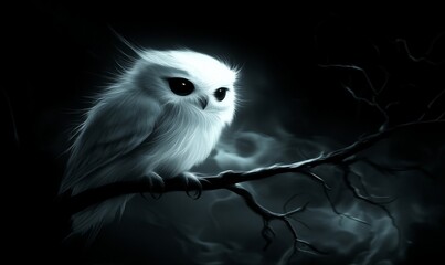 A mystical white owl perched on a branch in a dark, ethereal setting.