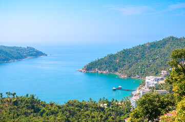 Fototapeta premium Panoramic view of Puerto Marques Bay in Acapulco, Mexico. This exclusive destination is bordered by dense tropical vegetation.