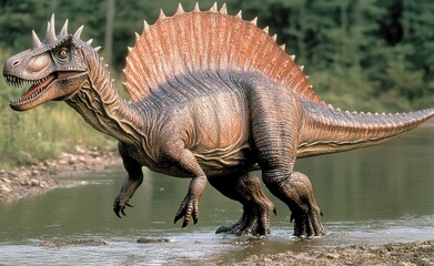 Fototapeta premium Hunting in a prehistoric forest nature scene realistic dinosaur environment side view
