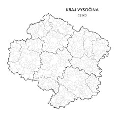 Fototapeta premium Political Map of the Vysočina Region (kraj Vysočina) with Districts (Okres), AD MEC (SO ORP), AD CLA (SO POU) and Municipalities (Obcí) as of 2024 - Czechia/Czech Republic (Česko) - Vector Map