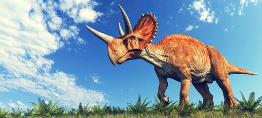 Dinosaur encounter roaming in lush landscape nature scene vibrant environment wide angle view