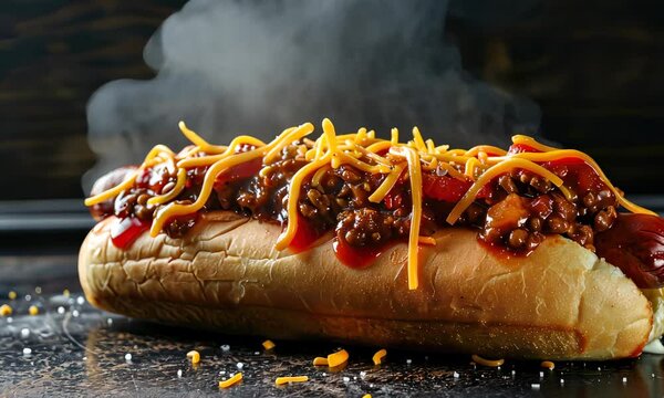 Steaming hotdog topped with chili, sauce, and shredded cheese