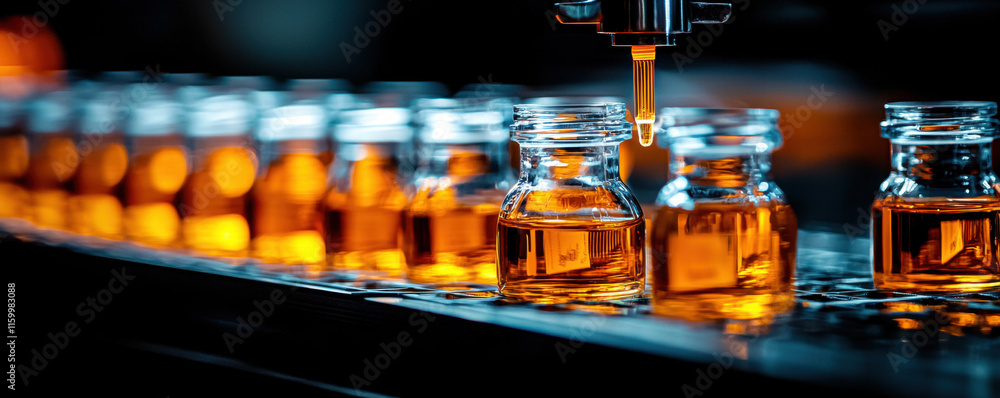 Poster a production line fills small glass jars with a golden liquid, emphasizing the precision and efficie