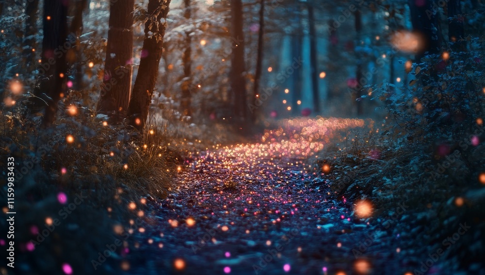 Poster magical forest path illuminated by glowing particles.