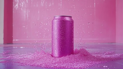 Bubbling pink drink can studio setting beverage photography playful environment close-up view refreshing concept