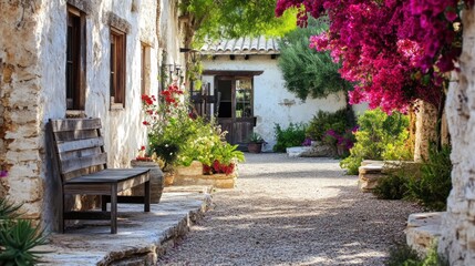 Obraz premium Mediterranean outdoor garden scene with decomposed granite pathways, whitewashed stone walls, bright bougainvillea flowers, and rustic wooden benches, 