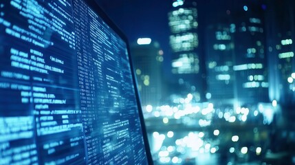 Obraz premium Data analysis action displayed on monitor urban cityscape digital environment night viewpoint technology concept