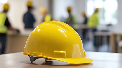 A hard hat sits on a table in a construction site office, with a blurred team of workers visible in the background