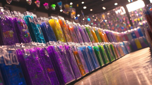 Colorful gel beads display craft fair product showcase indoor market close-up vibrant art materials