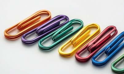 A row of colorful paper clips arranged neatly on a surface.