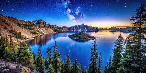 Majestic Night Photography of Crater Lake at Cleetwood Cove, Oregon - Stunning Telephoto Landscape Capture of Starry Sky and Lake Reflections