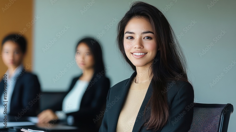 Wall mural Smiling Asian Businesswoman Succeeds in Meeting