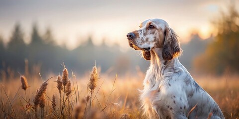 Minimalist English Setter in Action: Hunting Quail in Serene Landscapes, Nature Photography, Wildlife, Bird Dog, Outdoor Adventure, Field, Hunting Scene