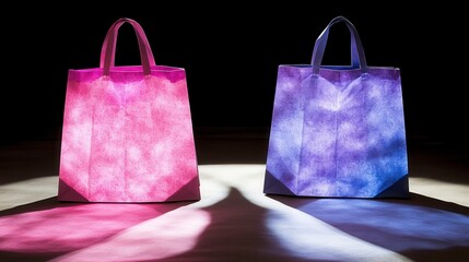 Colorful shopping bags displayed on dark stage product photography dramatic lighting artistic viewpoint