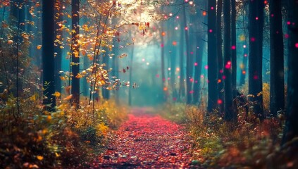 Fototapeta premium Magical autumn forest path with glowing lights and falling leaves.