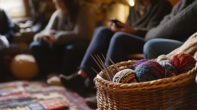 A cozy knitting circle with yarn baskets and comfortable seating, Knitting needles and patterns set up for social crafting sessions, Natural photo of