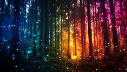 Fototapeta premium Magical rainbow forest with glowing particles.