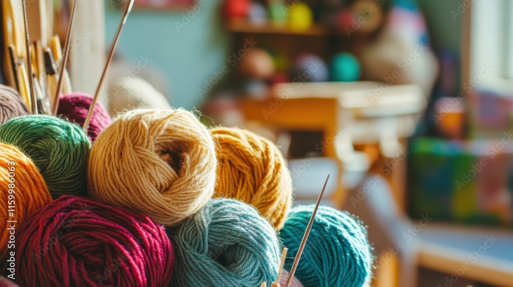 Poster a cozy knitting room with a wide selection of yarns, knitting needles and patterns neatly arranged, 