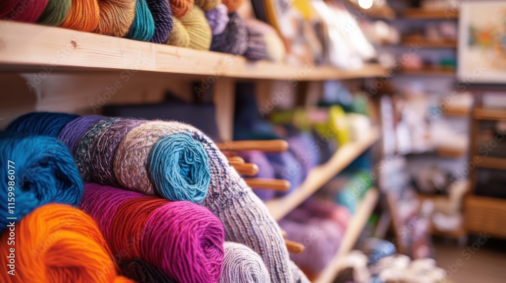 Poster a cozy knitting room with a wide selection of yarns, knitting needles and patterns neatly arranged, 